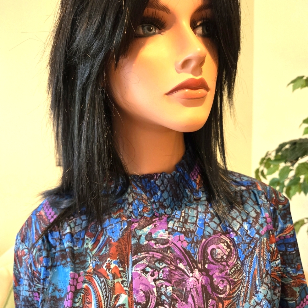 Blue, Purple, Multi-Color Long Sleeve Woman's Blouse Puckered High Neck Size 12